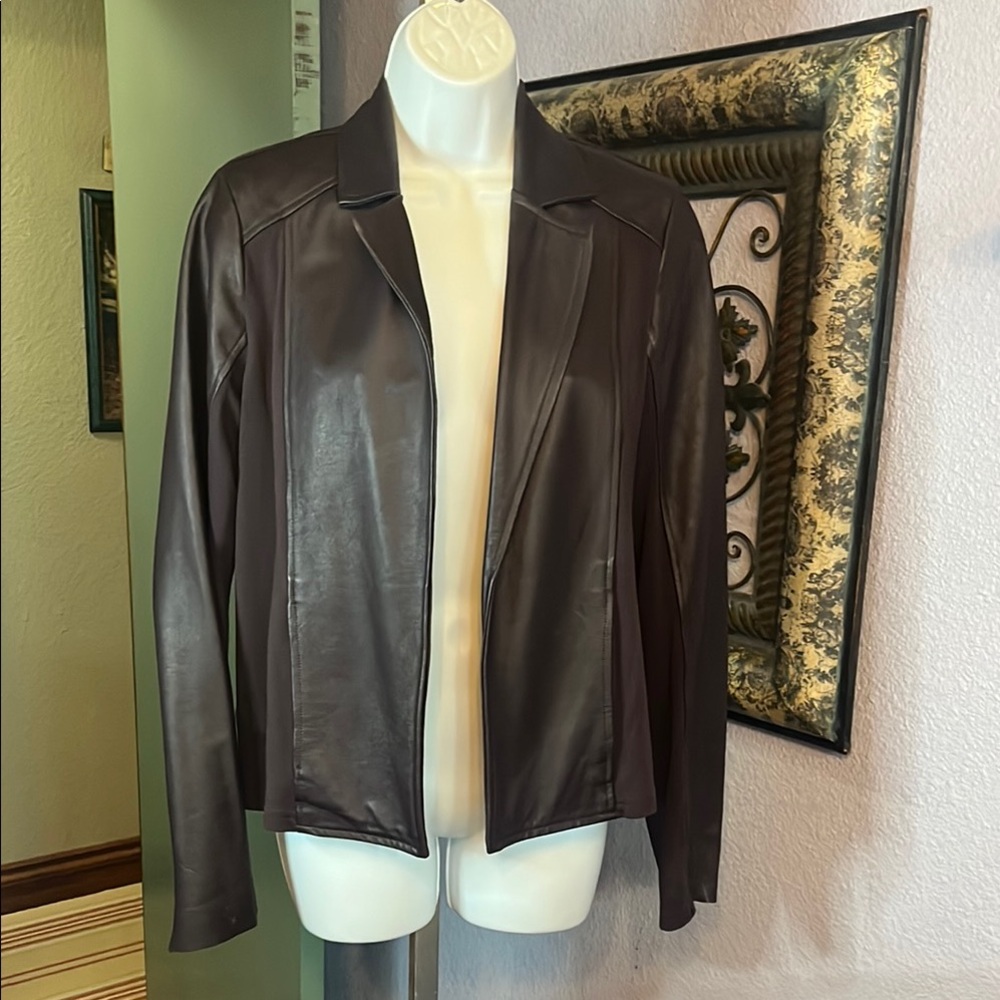 EUC Michael Stars Leather & Knit mix material brown open Jacket w/ stretch Sz L